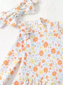 女嬰可愛小碎花拉鍊裙式連體泳衣，飛邊設計適合度假防曬，配有頭帶適合夏季海灘 - 彩色 - 查看 12