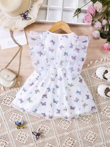 SHEIN Bebé Vestido con estampado de mariposa ribete con fruncido - Blanco - Ver 2