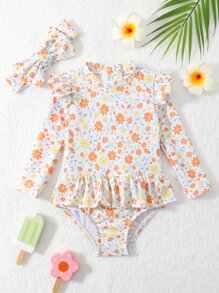 女嬰可愛小碎花拉鍊裙式連體泳衣，飛邊設計適合度假防曬，配有頭帶適合夏季海灘 - 彩色 - 查看 13