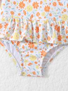 女嬰可愛小碎花拉鍊裙式連體泳衣，飛邊設計適合度假防曬，配有頭帶適合夏季海灘 - 彩色 - 查看 14