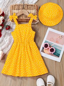 SHEIN 少女紋身裹心形剪裁肩帶裝扣連身裙和配件帽子