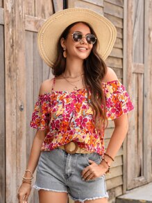 SHEIN VCAY Blusa de hombros descubiertos con estampado floral, blusas de manga corta