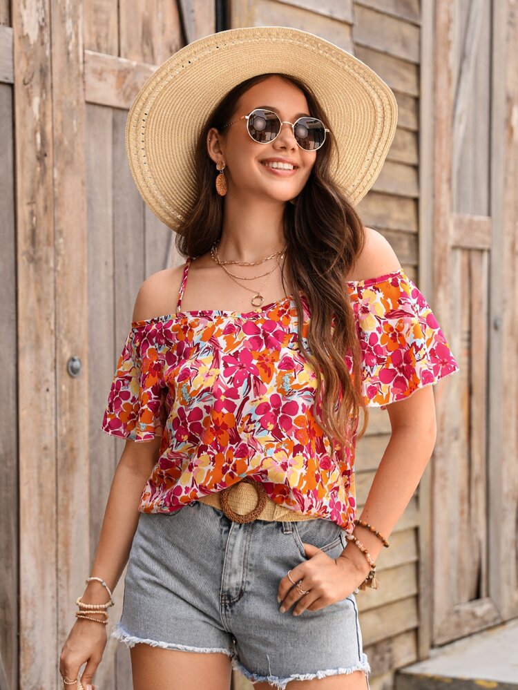 Floral Print Cold Shoulder Blouse,Short Sleeve Tops