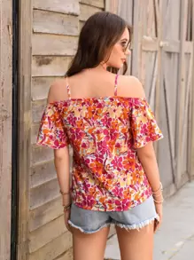 SHEIN VCAY Blusa de hombros descubiertos con estampado floral, blusas de manga corta