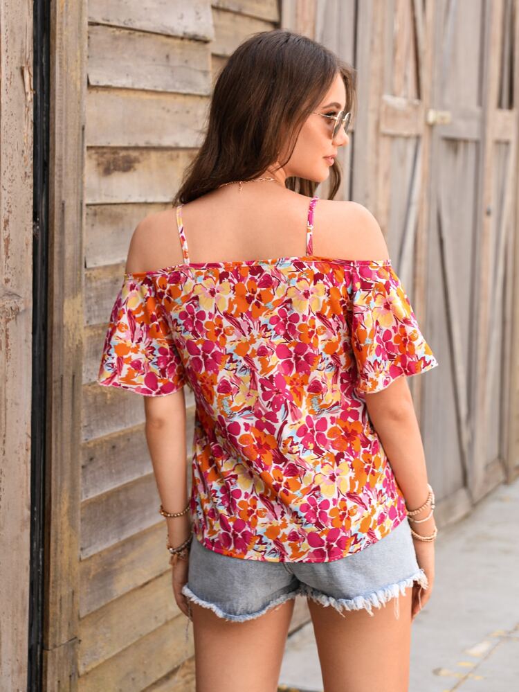 Floral Print Cold Shoulder Blouse,Short Sleeve Tops