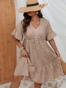 SHEIN LUNE Plus Dalmatian Print Flounce Sleeve Ruffle Hem Dress - Apricot - View 4