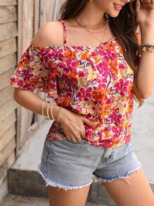 SHEIN VCAY Blusa de hombros descubiertos con estampado floral, blusas de manga corta