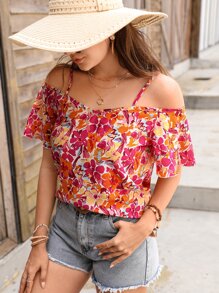 SHEIN VCAY Blusa de hombros descubiertos con estampado floral, blusas de manga corta