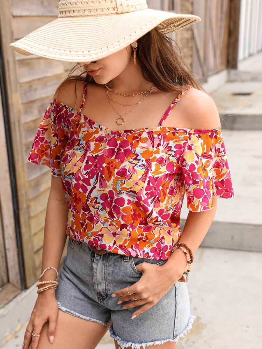 SHEIN VCAY Floral Print Cold Shoulder Blouse,Short Sleeve Tops - Multicolor - View 1