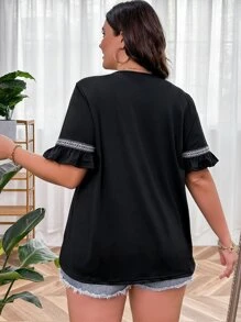 SHEIN LUNE Plus Contrast Tape Flounce Sleeve Tee - Black - View 2