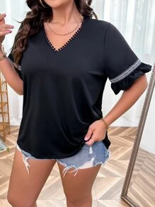 SHEIN LUNE Plus Contrast Tape Flounce Sleeve Tee - Black - View 4