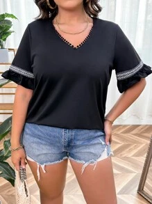 SHEIN LUNE Plus Contrast Tape Flounce Sleeve Tee - Black - View 5