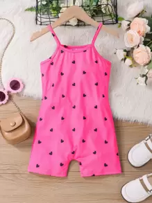 SHEIN 小女童愛心圖案吊帶連體短褲 - 玫紅色 - 查看 1