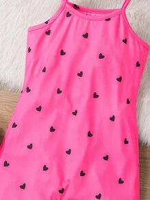 SHEIN 小女童愛心圖案吊帶連體短褲 - 玫紅色 - 查看 4