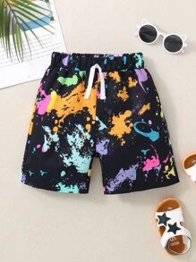 SHEIN Niñito Shorts con estampado de tinte de salpicadura de cintura con cordón - Negro - Ver 1