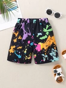 SHEIN Niñito Shorts con estampado de tinte de salpicadura de cintura con cordón - Negro - Ver 2