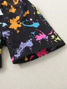 SHEIN Niñito Shorts con estampado de tinte de salpicadura de cintura con cordón - Negro - Ver 3