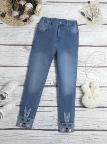 Quần jean thêu thỏ Tween Girl - Rửa trung bình - Xem 1