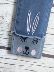 Quần jean thêu thỏ Tween Girl - Rửa trung bình - Xem 4