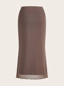 SHEIN EZwear Falda unicolor con malla - Marrón - Ver 2