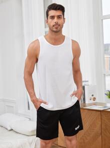 SHEIN Men Solid Tank Top & Letter Graphic Shorts PJ Set - Black and White - View 6