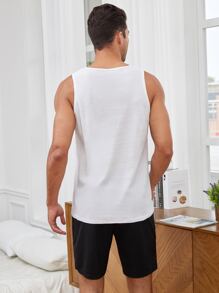 SHEIN Men Solid Tank Top & Letter Graphic Shorts PJ Set - Black and White - View 2
