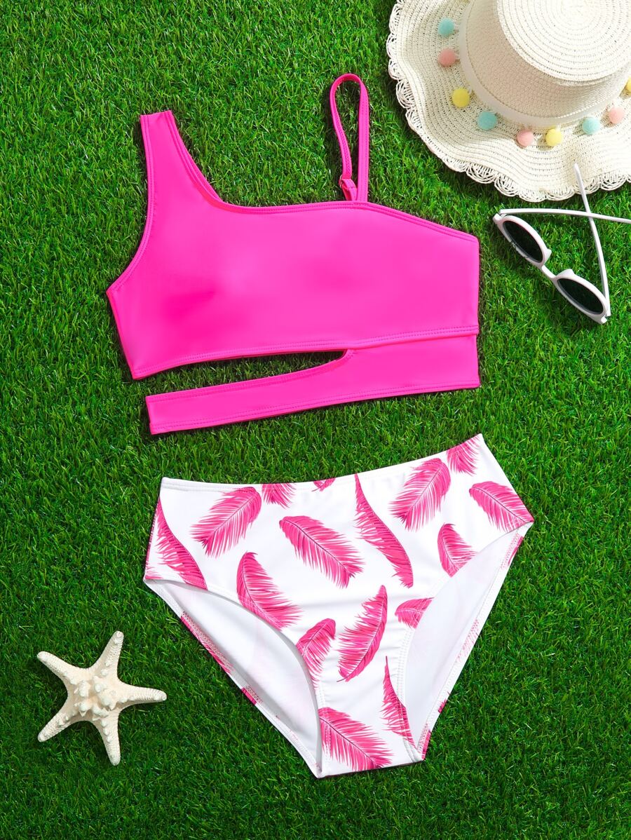 SHEIN Teen Girls Random Tropical Print Cut Out Bikini Set Summer Beach - Multicolor - View 1