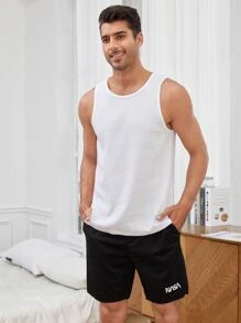 SHEIN Men Solid Tank Top & Letter Graphic Shorts PJ Set - Black and White - View 7