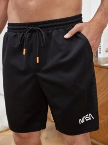 SHEIN Men Solid Tank Top & Letter Graphic Shorts PJ Set - Black and White - View 4