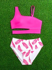 SHEIN Teen Girls Random Tropical Print Cut Out Bikini Set Summer Beach - Multicolor - View 5