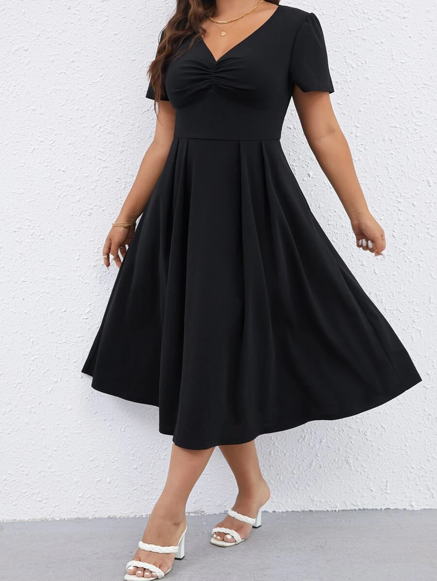 SHEIN Clasi Vestido unicolor fruncido delantero - Negro - Ver 1