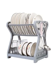 1pc PP Dish Rack, Modern Double Layer Dish Drying Rack For Kitchen - Grey - View 1