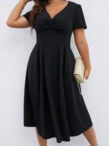 SHEIN Clasi Vestido unicolor fruncido delantero - Negro - Ver 3