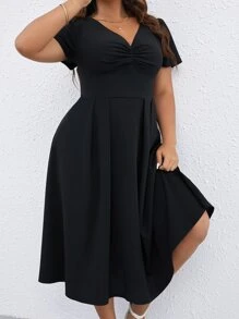 SHEIN Clasi Vestido unicolor fruncido delantero - Negro - Ver 5