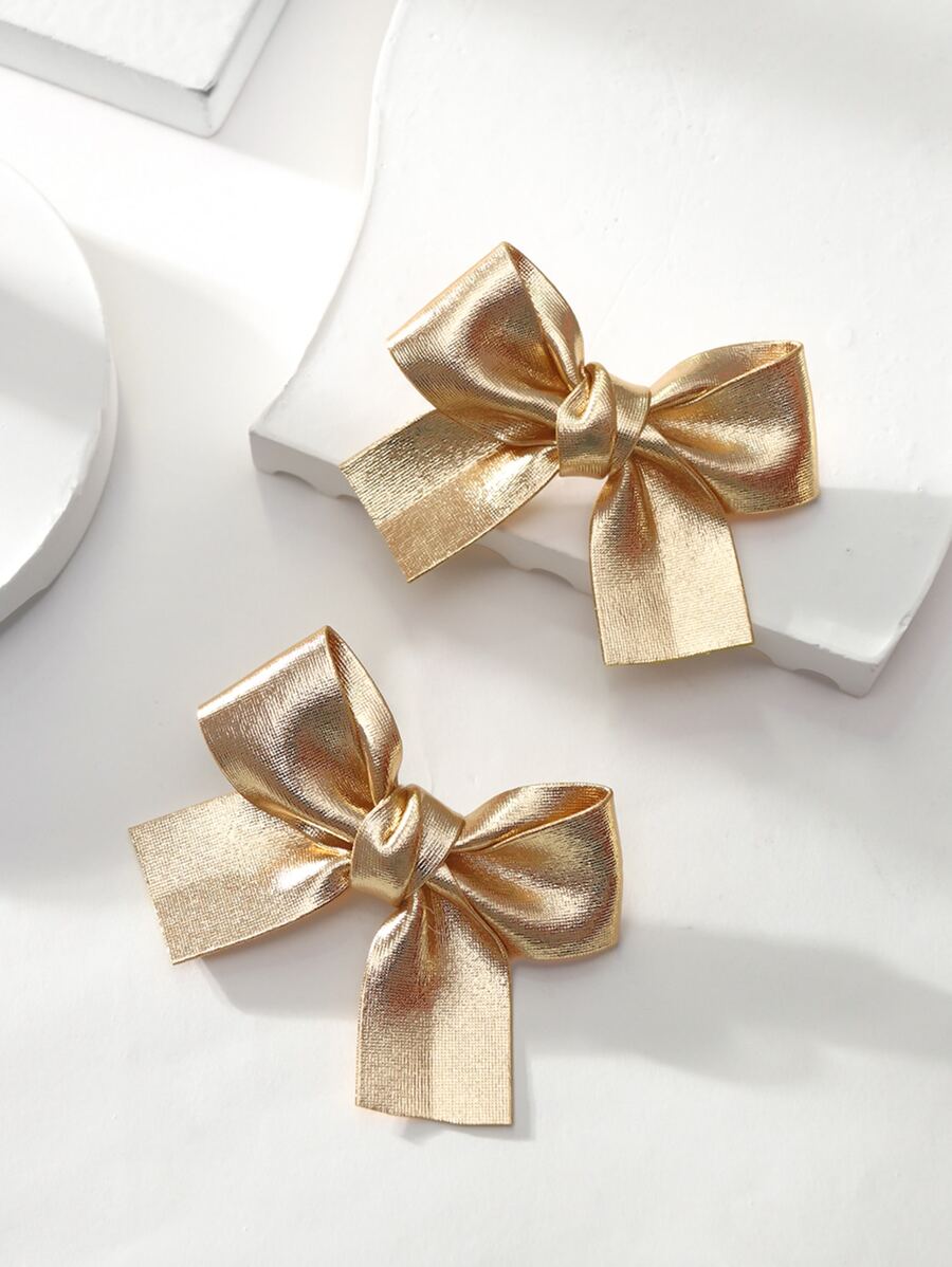 1對女童金色閃爍蝴蝶結髮夾，布質蝴蝶結髮針，適用於日常生活或派對 - 金色 - 查看 1