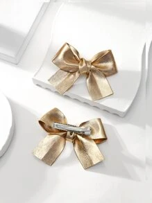 1對女童金色閃爍蝴蝶結髮夾，布質蝴蝶結髮針，適用於日常生活或派對 - 金色 - 查看 3