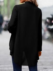 SHEIN LUNE Áo sơ mi nữ Cao thấp Nút phía trước màu trơn Giải trí - màu đen - Xem 2