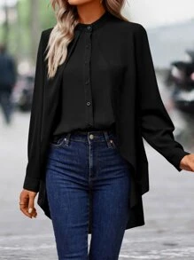 SHEIN LUNE Áo sơ mi nữ Cao thấp Nút phía trước màu trơn Giải trí - màu đen - Xem 5