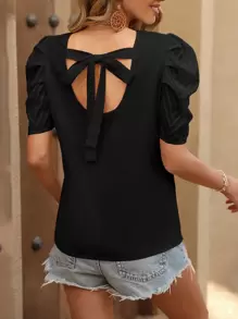 Chiquease Tie Backless Puff Sleeve Blouse - Black - View 3