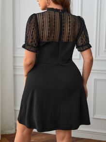 SHEIN Unity Plus Contrast Lace Puff Sleeve Frill Trim Bustier Dress - Black - View 2
