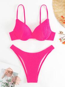 SHEIN Swim Summer Beach Textured Bikini Set Push Up Bikini Top & High Cut Bikini Bottom 2 Piece Bathing Suit - Hot Pink - View 1
