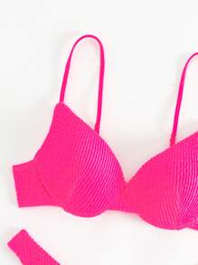 SHEIN Swim Summer Beach Textured Bikini Set Push Up Bikini Top & High Cut Bikini Bottom 2 Piece Bathing Suit - Hot Pink - View 3