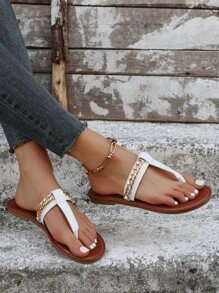 女士链条装饰人字拖平底凉鞋，时尚夏季人字拖凉鞋，沙滩装扮 - 白色 - 查看 2