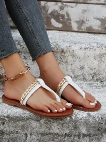 女士链条装饰人字拖平底凉鞋，时尚夏季人字拖凉鞋，沙滩装扮 - 白色 - 查看 6