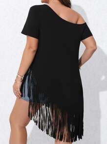 SHEIN Holidaya 大碼流蘇下擺不對稱領不對稱下擺T恤 - 黑色 - 查看 2