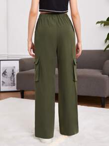 SHEIN Quần con gái Nút Túi màu trơn Giải trí - xanh quân đội - Xem 3