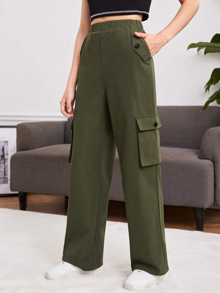 SHEIN Quần con gái Nút Túi màu trơn Giải trí - xanh quân đội - Xem 1