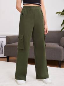 SHEIN Quần con gái Nút Túi màu trơn Giải trí - xanh quân đội - Xem 4