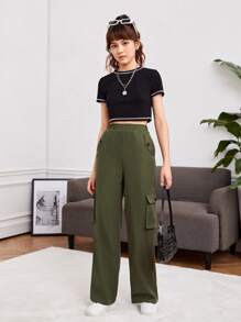 SHEIN Quần con gái Nút Túi màu trơn Giải trí - xanh quân đội - Xem 5