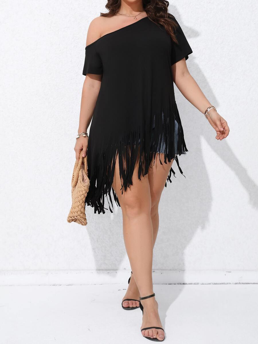 SHEIN Holidaya 大碼流蘇下擺不對稱領不對稱下擺T恤 - 黑色 - 查看 1